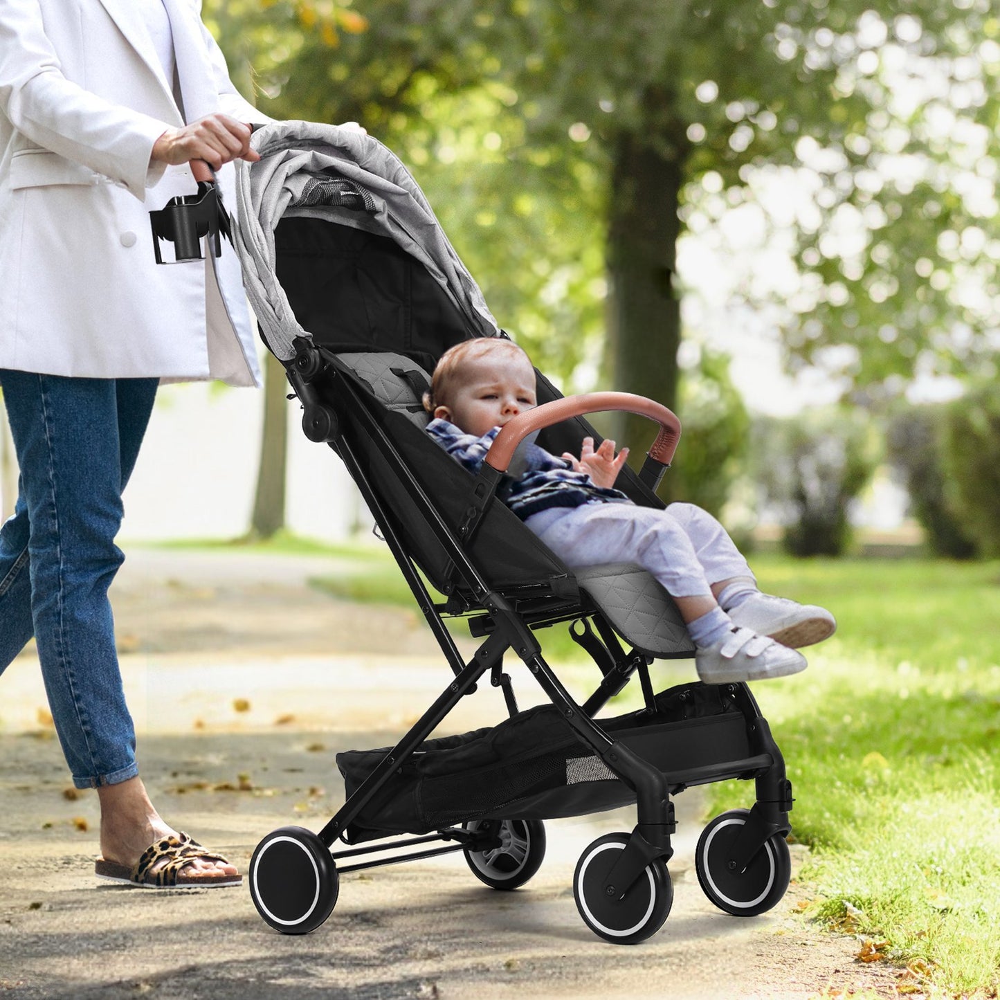 VEVOR Standard Baby Infant Stroller, Toddler Stroller Adjustable Backrest Adjustable Footrest & One-click Folding, Newborn Stroller With Cup Holder And Carry Bag, Light Grey