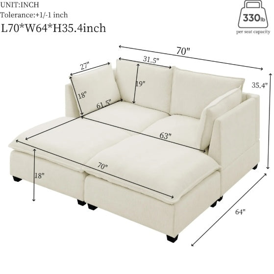 Comfy Cloud Couch Loveseat With 2 Ottoman, Modern Chenille Love Seat Upholstered Modular Couch Sleeper For Living Room, Apartment, Studio, Office Beige White