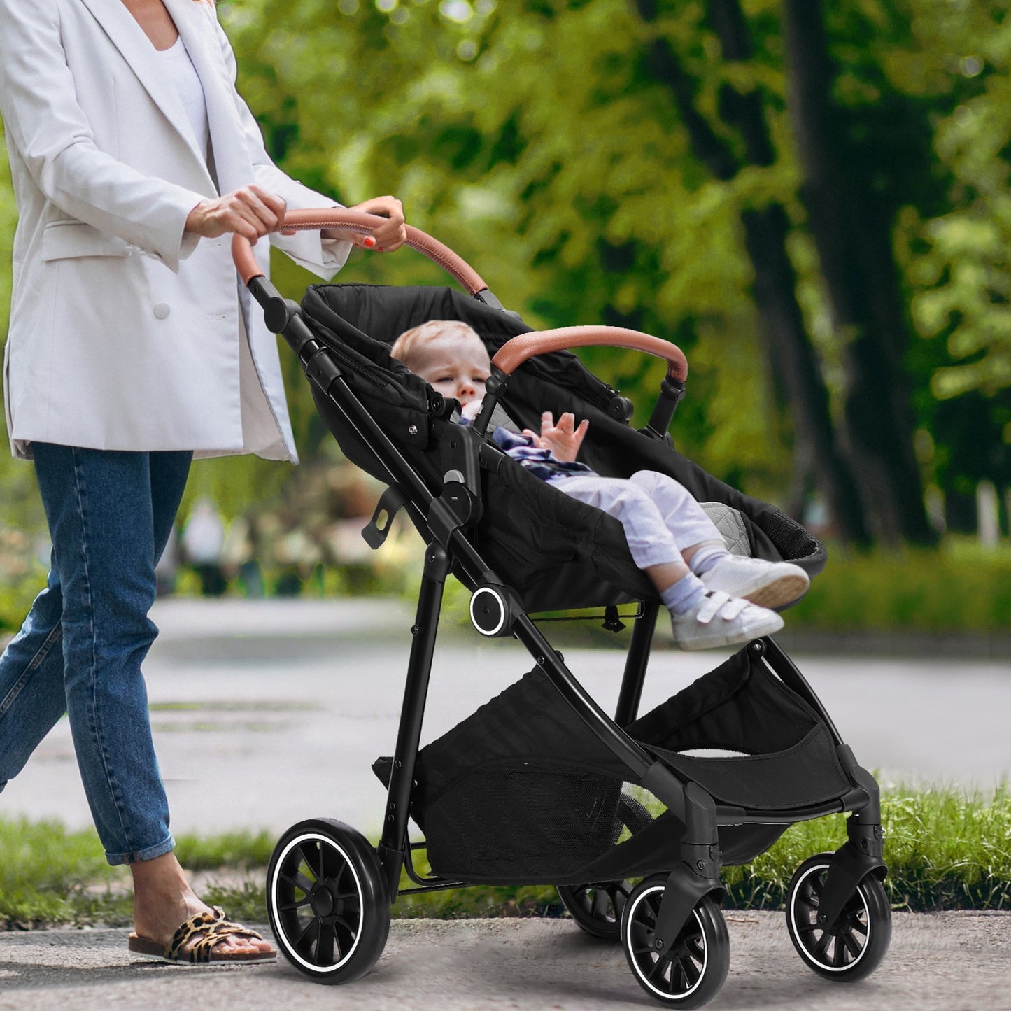 VEVOR Standard Baby Stroller, Infant Toddler Stroller With Bassinet, 3rd-Gear Adjustable Backrest Foldable & Reversible Seat, Carbon Steel Newborn Stroller With Leg Cover And Mesh Net, Black