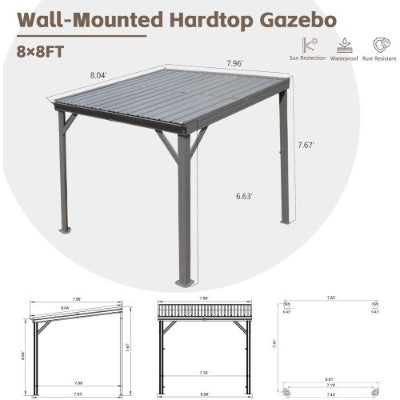 8x 8 Lean To Gazebo With Upgraded Drainage System, Wall Mounted Gazebo Hardtop Galvanized Steel Sloping Roof For Patio Deck Lawn Party Gray