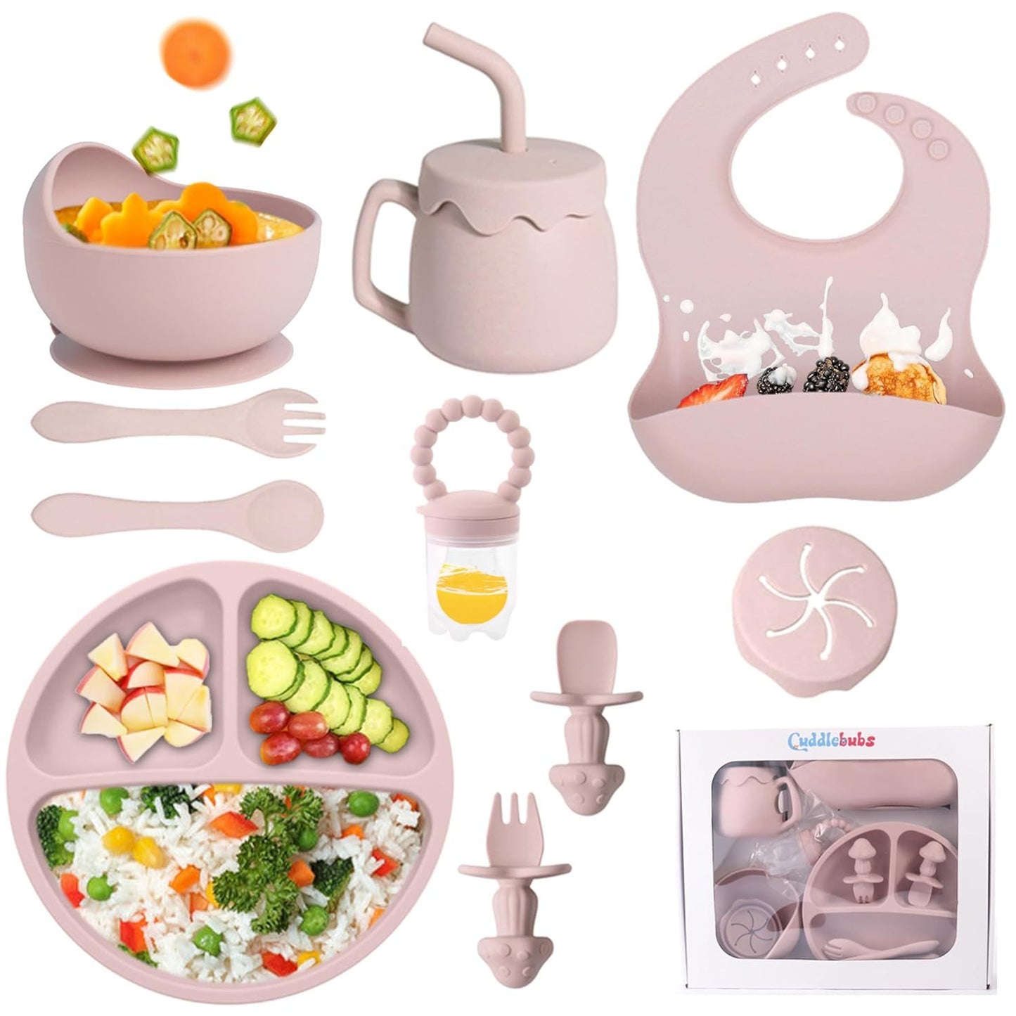 Silicone Baby Feeding Set With Suction, 10 Pcs Baby Led Weaning Supplies With Suction Bowl Divided Plate Adjustable Soft Bib Spoon Fork Snack Cup With Lid And Other Utensils, Sakaura Pink