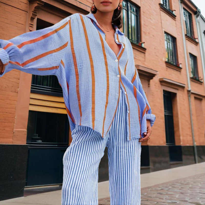 Women's Casual Striped Button-Down Shirt With Drop Sleeves Comfortable Loose-Fit Long Sleeve Top For Spring & Fall