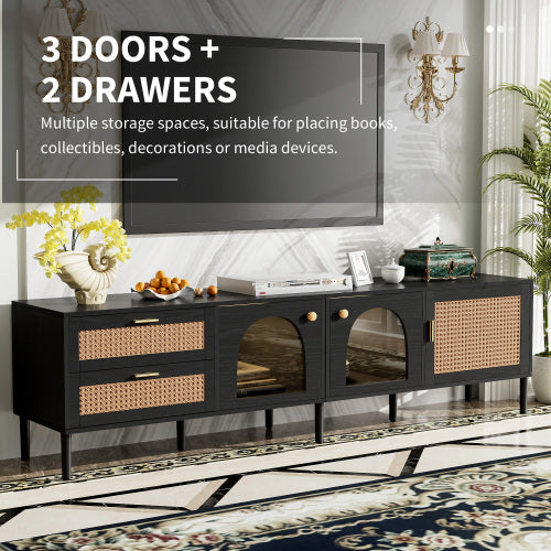 Rattan TV Stand With 3 Cabinets & 2 Drawers, Rattan-inspired Media Console Table For TVs Up To 80'', LED Light Entertainment Center, TV Cabinet For Living Room, Bedroom, Home Theatre