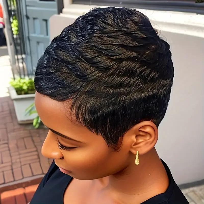 Women's Elegant Elf Haircut Non-toxic Wig - Brazilian Remy Real Hair, Natural Color, Short Straight Hair, All Machine-made, With Buckle Cap.