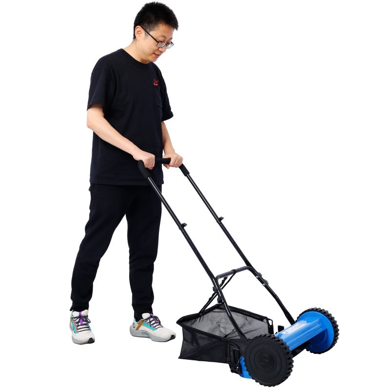 14 Inch 5-blade Hand Push Scroll Lawn Mower With Grass Device, Blue