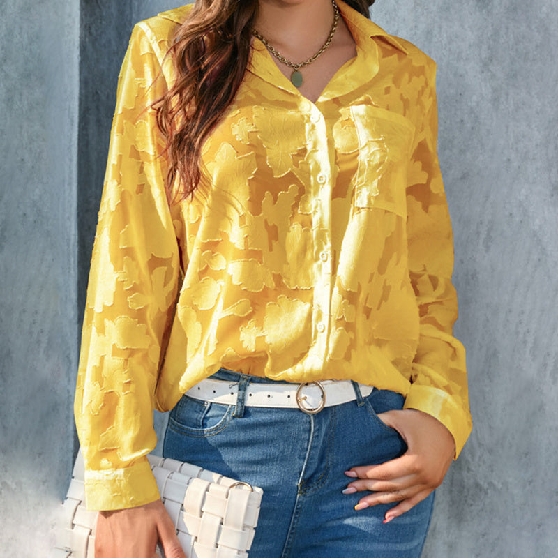 Womens Casual Sheer Button Down Shirts Long Sleeve V Neck Jacquard Blouses Tops