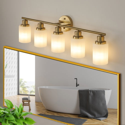 5 Lamps Gold Bathroom Vanity Lamp, Frosted Glass Shade, Modern Wall Mounted