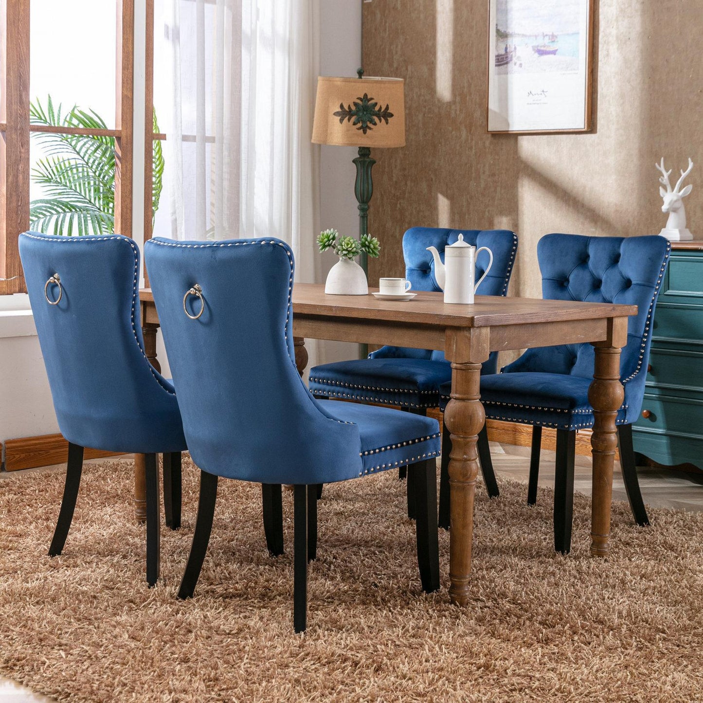 Modern High-end Tufted Solid Wood Contemporary Velvet Cushioned Dining Chair, 2-piece Set With Wooden Leg Nail Head Trim, Blue