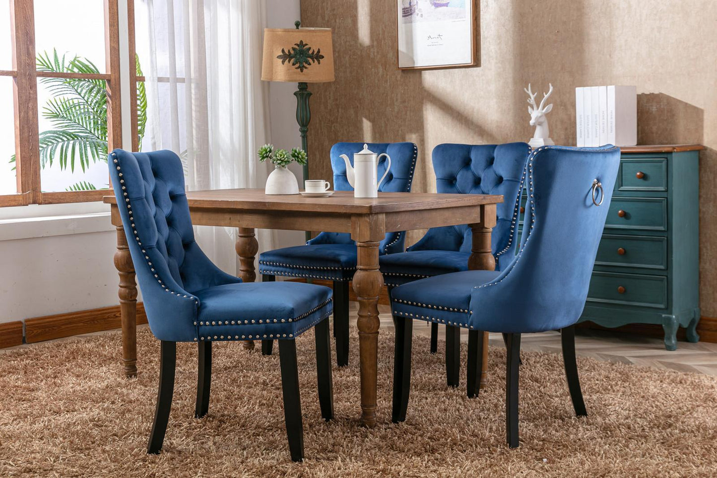 Modern High-end Tufted Solid Wood Contemporary Velvet Cushioned Dining Chair, 2-piece Set With Wooden Leg Nail Head Trim, Blue