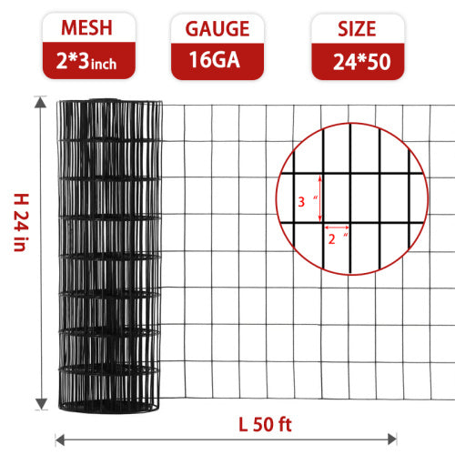 24inch X 50ft Black Vinyl Coated Hardware Cloth 2 X 3 16Ga Welded Wire Mesh Fence, PVC Coated Welded Chicken Wire Fencing, Metal Garden Plant Fencing, For Chicken Coop And Home Improvement