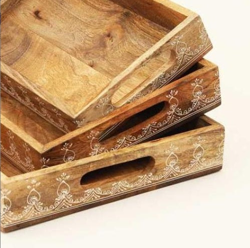 3 Piece Rectangle Wooden Trays Nested Natural Finish - Mango Wood Set