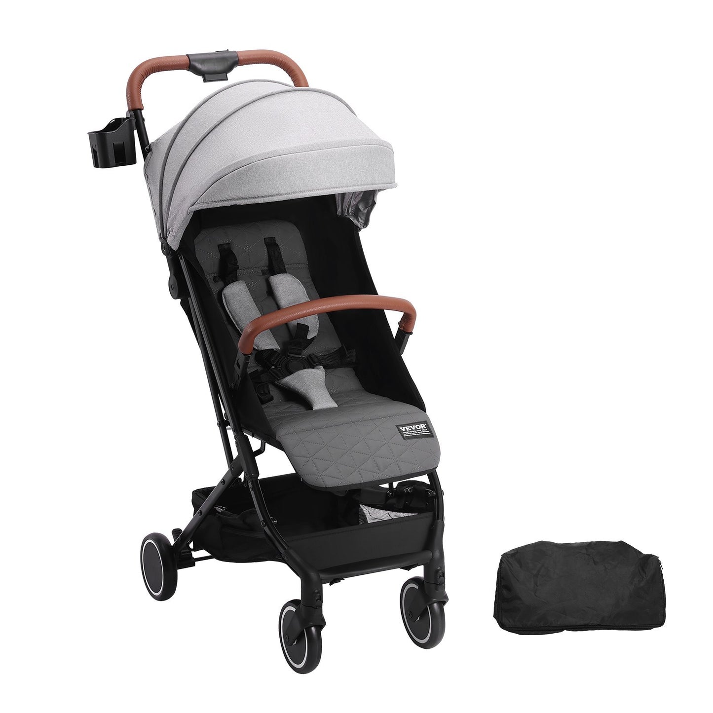 VEVOR Standard Baby Infant Stroller, Toddler Stroller Adjustable Backrest Adjustable Footrest & One-click Folding, Newborn Stroller With Cup Holder And Carry Bag, Light Grey