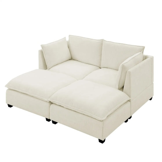 Comfy Cloud Couch Loveseat With 2 Ottoman, Modern Chenille Love Seat Upholstered Modular Couch Sleeper For Living Room, Apartment, Studio, Office Beige White