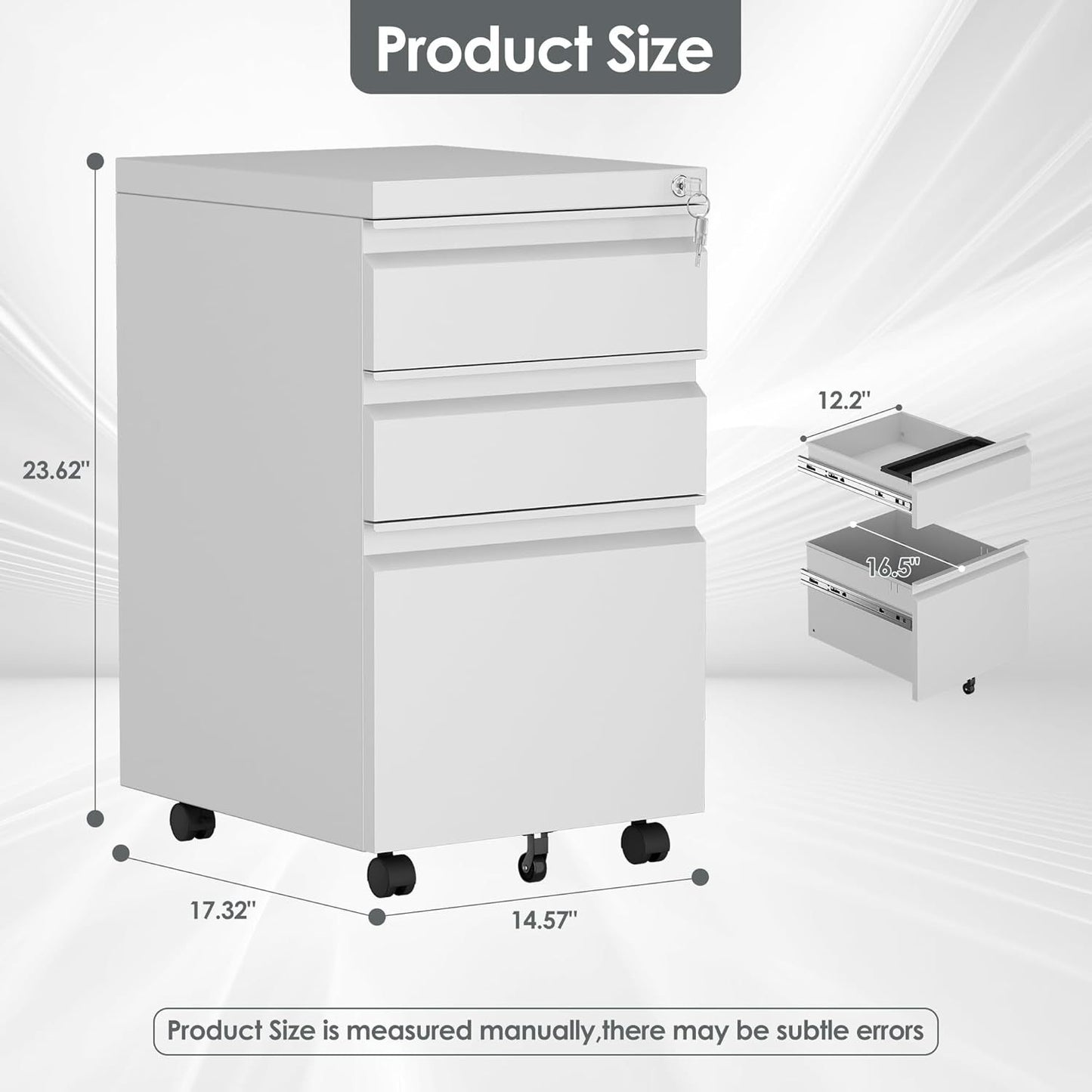 3 Drawer Mobile File Cabinet With Lock, Under Desk Metal Filing Cabinet For Office,Home,A4 Legal Letter Size, Fully Assembled White