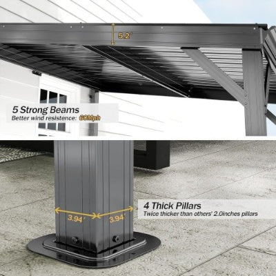 8x 8 Lean To Gazebo With Upgraded Drainage System, Wall Mounted Gazebo Hardtop Galvanized Steel Sloping Roof For Patio Deck Lawn Party Gray