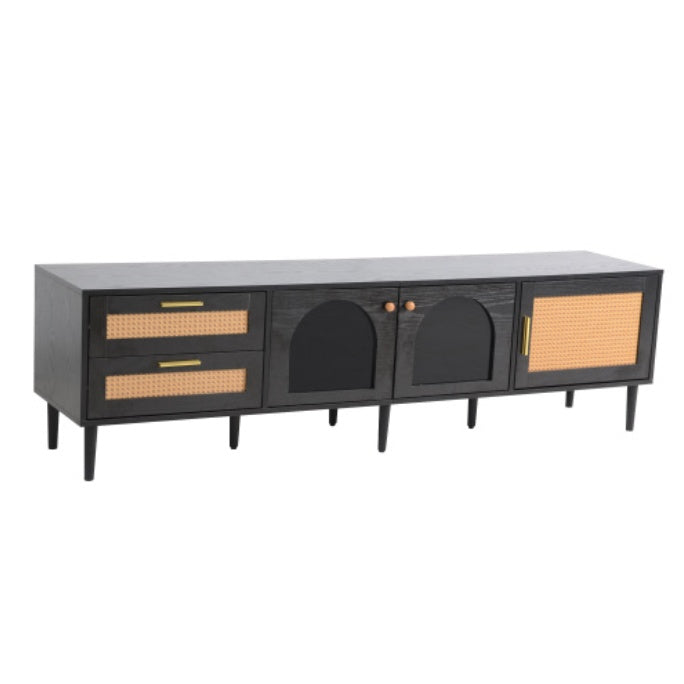Rattan TV Stand With 3 Cabinets & 2 Drawers, Rattan-inspired Media Console Table For TVs Up To 80'', LED Light Entertainment Center, TV Cabinet For Living Room, Bedroom, Home Theatre
