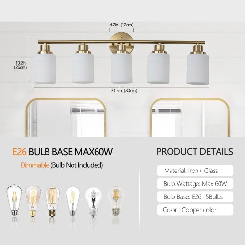 5 Lamps Gold Bathroom Vanity Lamp, Frosted Glass Shade, Modern Wall Mounted