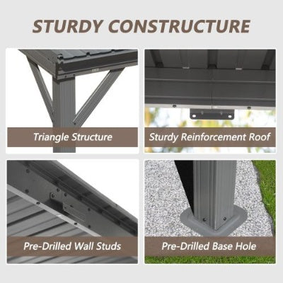 8x 8 Lean To Gazebo With Upgraded Drainage System, Wall Mounted Gazebo Hardtop Galvanized Steel Sloping Roof For Patio Deck Lawn Party Gray