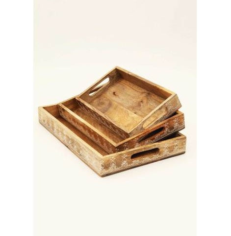 3 Piece Rectangle Wooden Trays Nested Natural Finish - Mango Wood Set