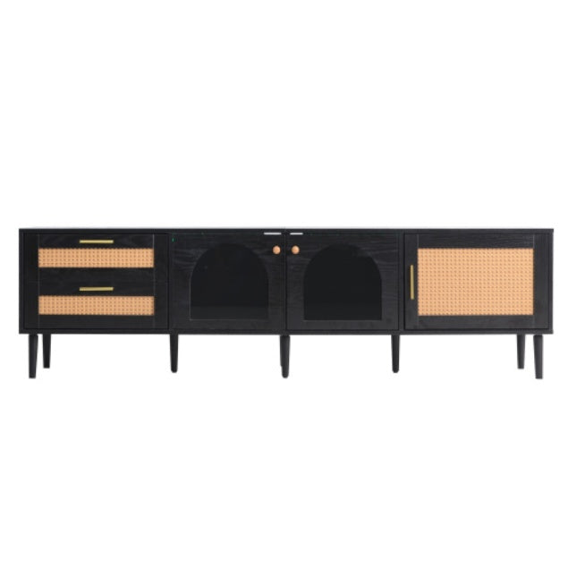 Rattan TV Stand With 3 Cabinets & 2 Drawers, Rattan-inspired Media Console Table For TVs Up To 80'', LED Light Entertainment Center, TV Cabinet For Living Room, Bedroom, Home Theatre
