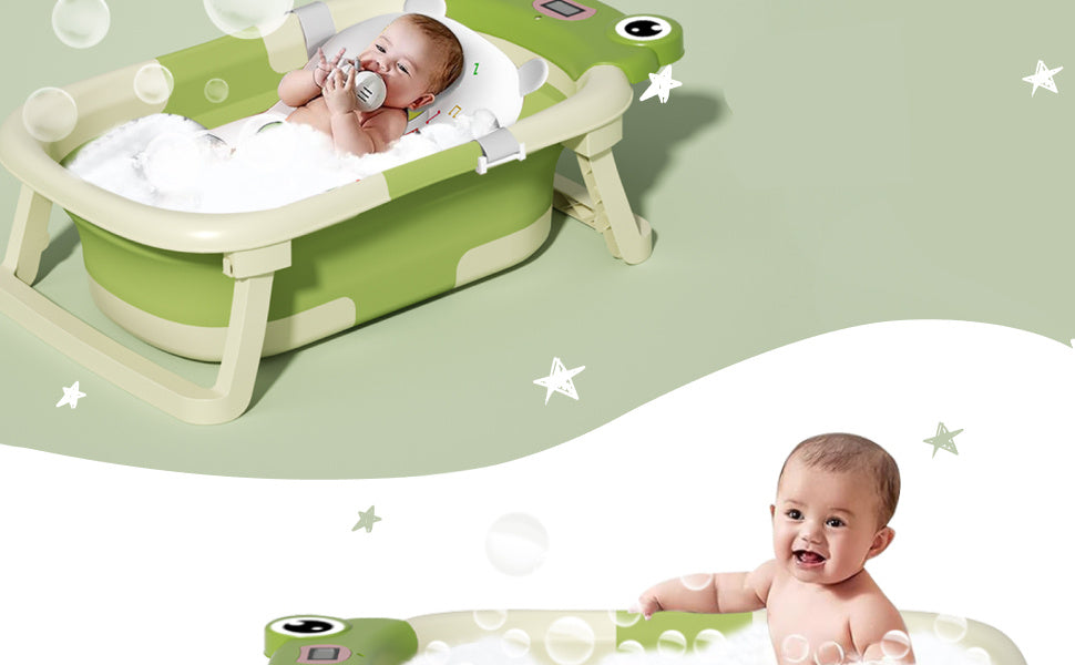 Collapsible Baby Bathtub , Foldable Baby Bath Tub With Soft Floating Cushion & Thermometer , Collapsible Portable Travel Baby Bath Tub With NoSlip Feets, Gray