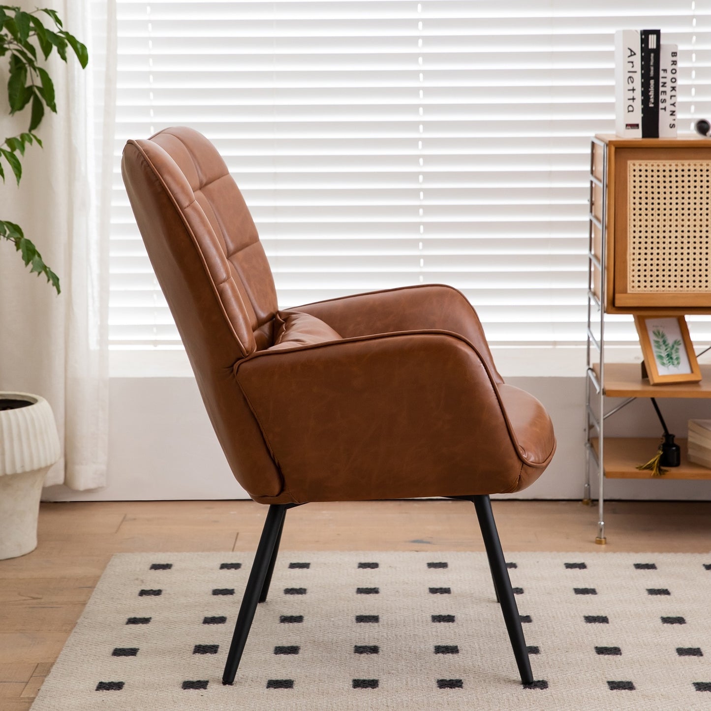 Bonded Leather Armchair, Modern High Back Accent Chair With Metal Legs