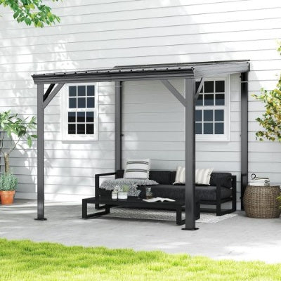 8x 8 Lean To Gazebo With Upgraded Drainage System, Wall Mounted Gazebo Hardtop Galvanized Steel Sloping Roof For Patio Deck Lawn Party Gray