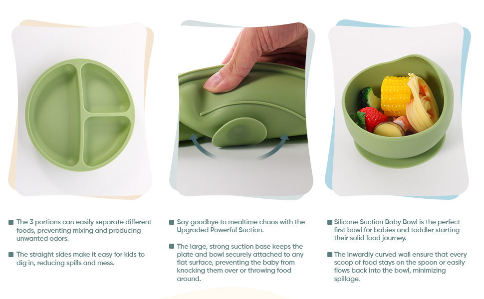 SiIicone Baby Feeding Set With Suction, 10 Pcs Baby Led Weaning Supplies With Suction Bowl Divided Plate Adjustable Soft Bib Spoon Fork Snack Cup With Lid And Other Utensils, Green