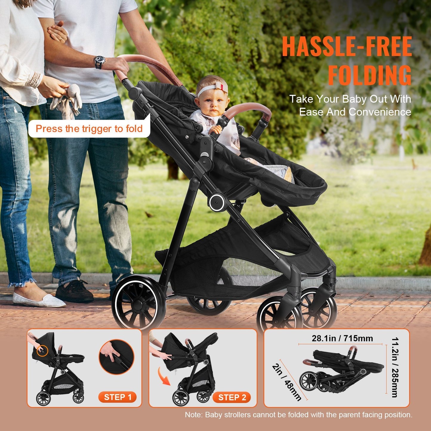 VEVOR Standard Baby Stroller, Infant Toddler Stroller With Bassinet, 3rd-Gear Adjustable Backrest Foldable & Reversible Seat, Carbon Steel Newborn Stroller With Leg Cover And Mesh Net, Black