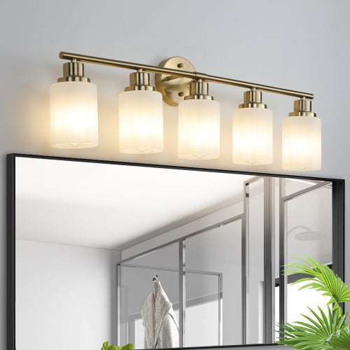 5 Lamps Gold Bathroom Vanity Lamp, Frosted Glass Shade, Modern Wall Mounted