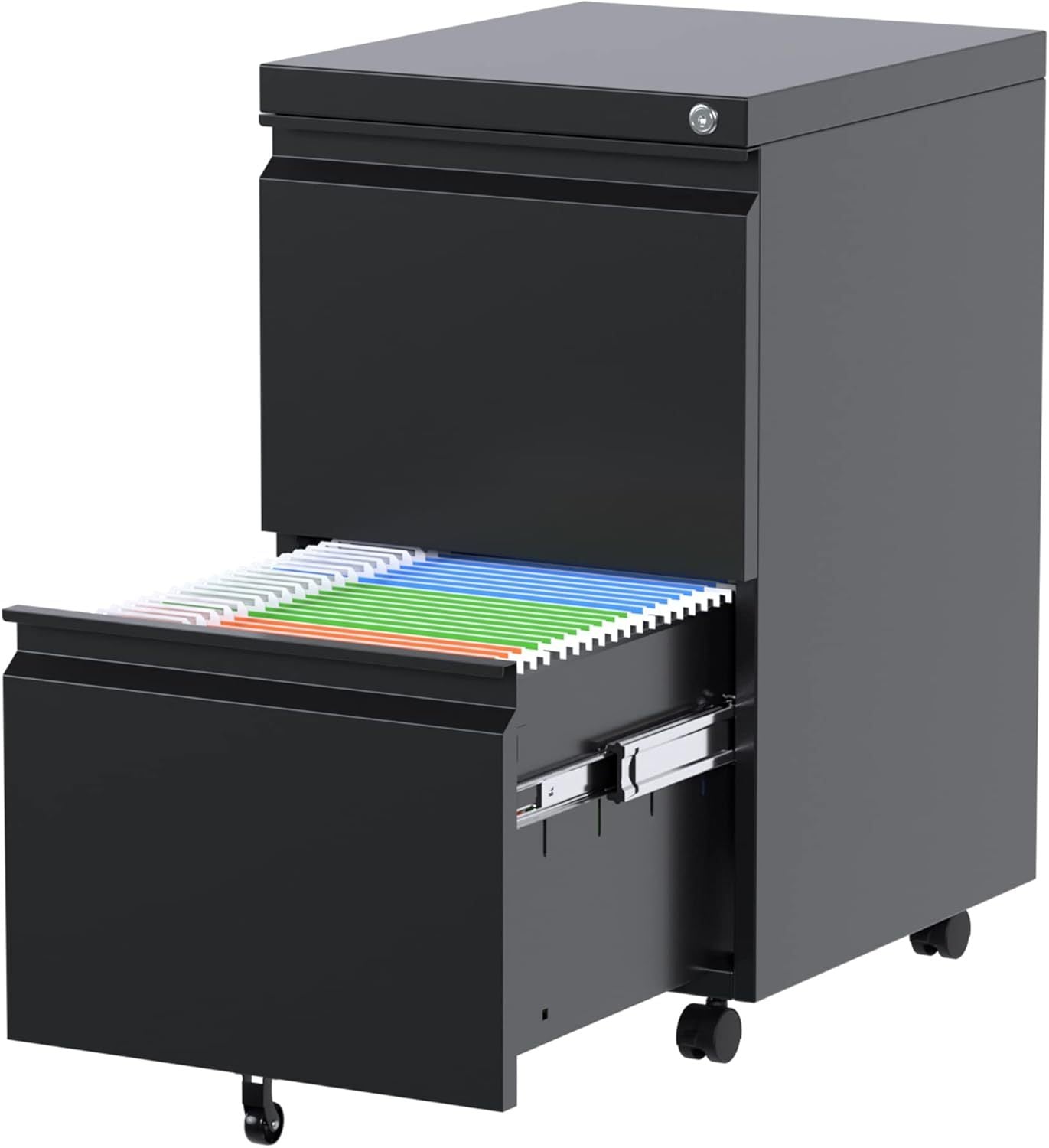 2 Drawer Vertical File Cabinet With Lock, Mobile Metal Filing Cabinet For Legal Letter Size, Office Storage File Cabinet Under Desk, Fully Assembled Except Wheels, Black