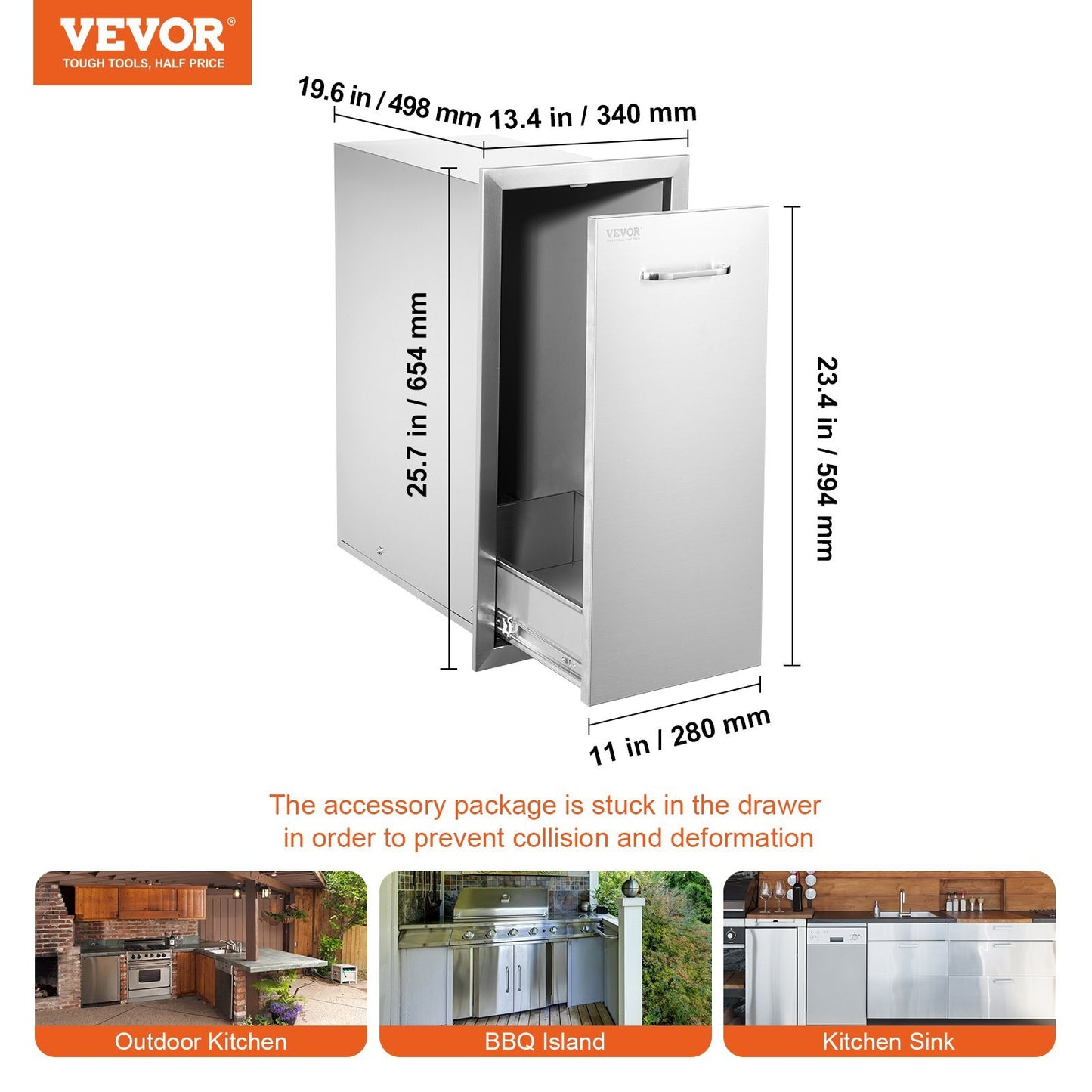 VEVOR Pull Out Trash Drawer 13.4Wx26Hx19.6D Inch Lower Sliding Rails Stainless Steel Roll Out Trash Bin Pull Out Tray Outdoor Kitchen Trash Drawer With Handle For BBQ Island Grill Station