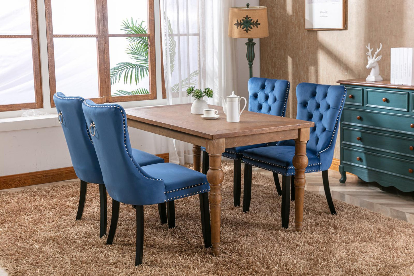Modern High-end Tufted Solid Wood Contemporary Velvet Cushioned Dining Chair, 2-piece Set With Wooden Leg Nail Head Trim, Blue