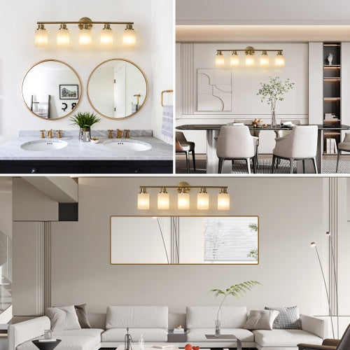 5 Lamps Gold Bathroom Vanity Lamp, Frosted Glass Shade, Modern Wall Mounted