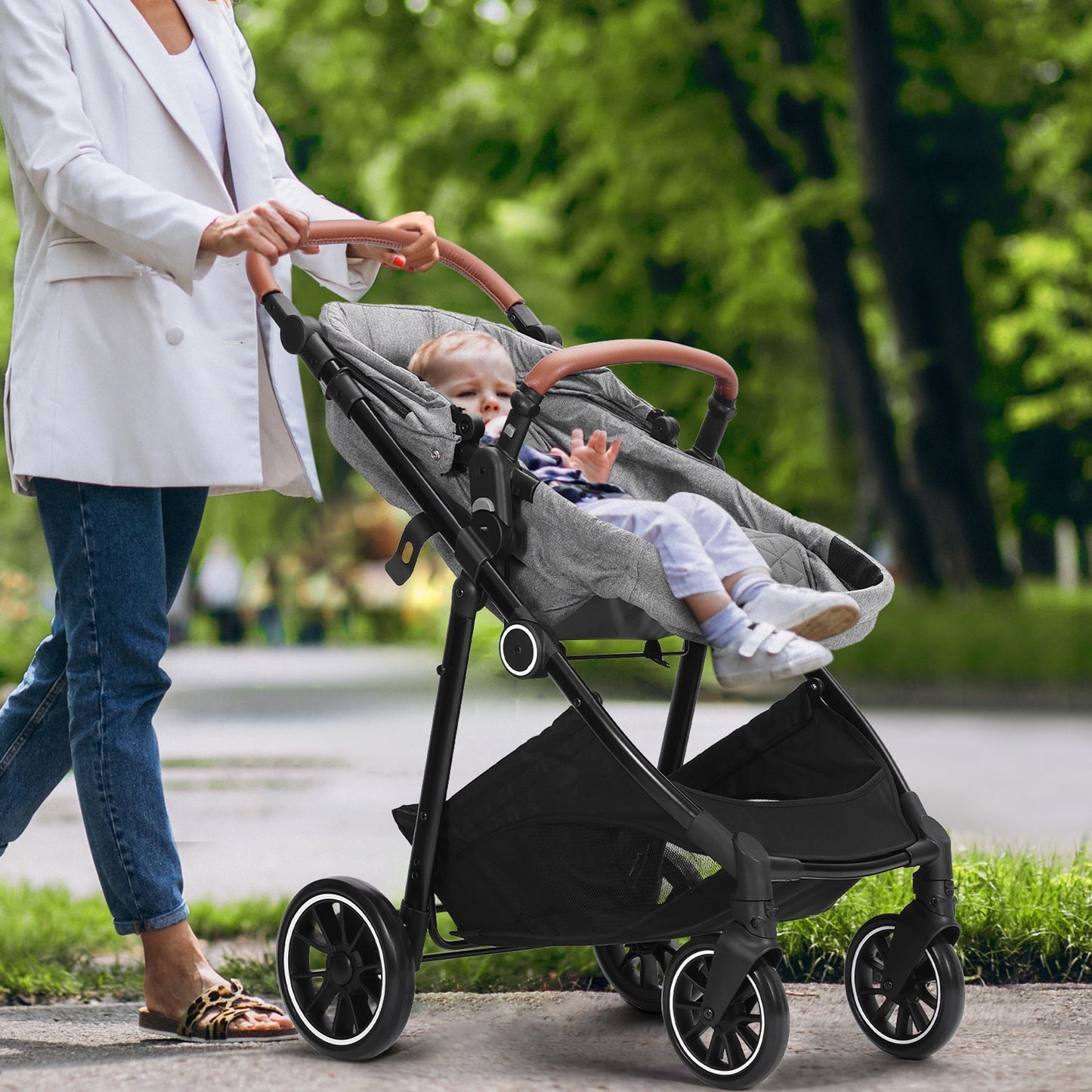 VEVOR Standard Baby Stroller, Infant Toddler Stroller With Bassinet, 3rd-Gear Adjustable Backrest & Foldable & Reversible Seat, Carbon Steel Newborn Stroller With Leg Cover And Mesh Net, Dark Grey