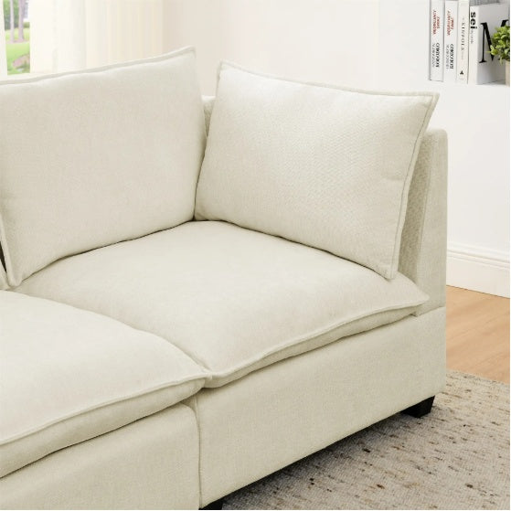 Comfy Cloud Couch Loveseat With 2 Ottoman, Modern Chenille Love Seat Upholstered Modular Couch Sleeper For Living Room, Apartment, Studio, Office Beige White
