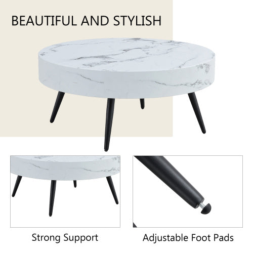 31.5 White Marble-Patterned MDF Round Coffee Table With Black Metal Legs.Adjustable Feet,Coffee Table,Round Table Design,MDF Material,White Marble Pattern.