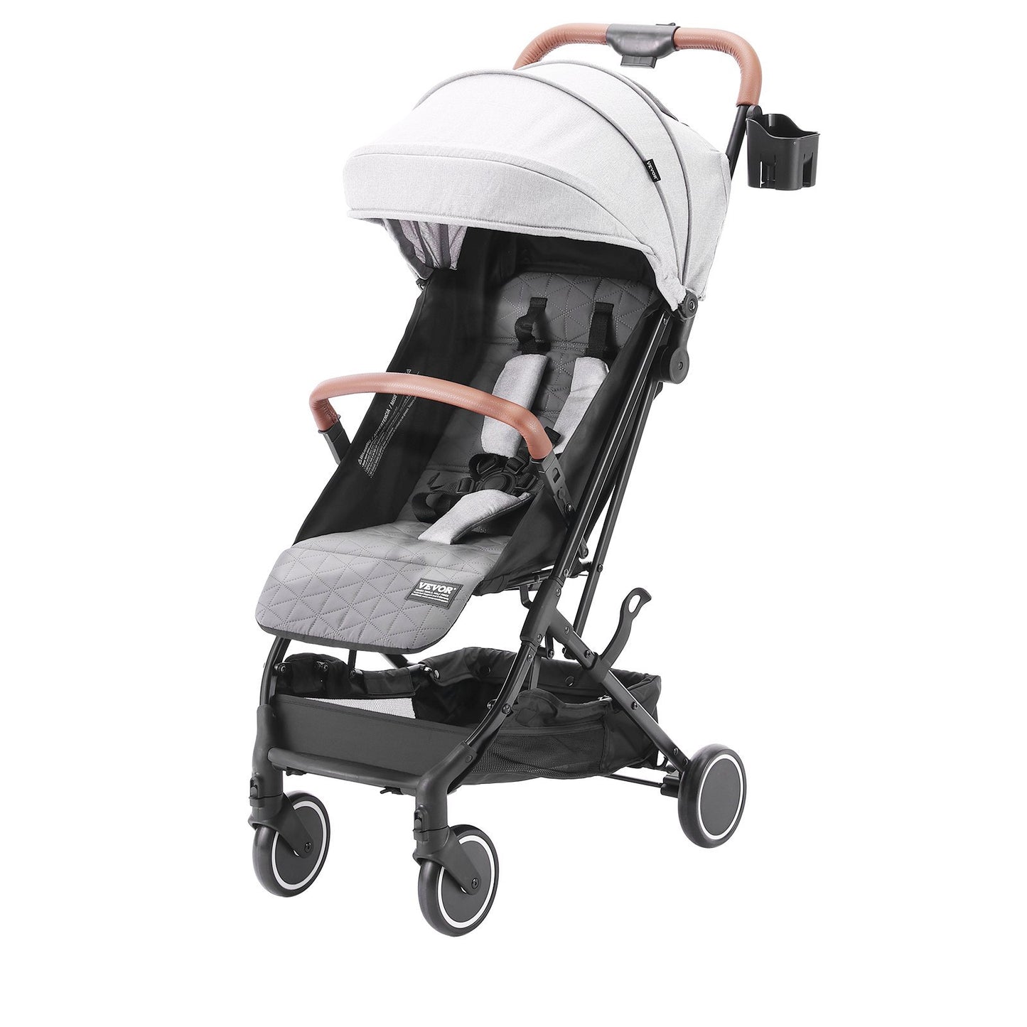 VEVOR Standard Baby Infant Stroller, Toddler Stroller Adjustable Backrest Adjustable Footrest & One-click Folding, Newborn Stroller With Cup Holder And Carry Bag, Light Grey