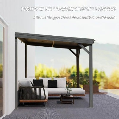 8x 8 Lean To Gazebo With Upgraded Drainage System, Wall Mounted Gazebo Hardtop Galvanized Steel Sloping Roof For Patio Deck Lawn Party Gray