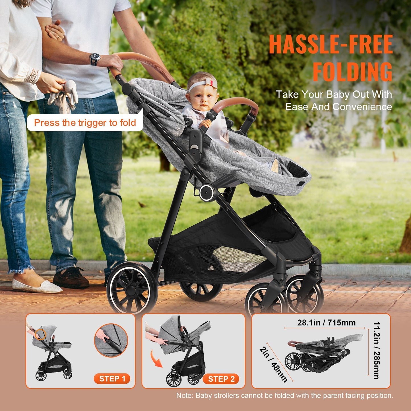 VEVOR Standard Baby Stroller, Infant Toddler Stroller With Bassinet, 3rd-Gear Adjustable Backrest & Foldable & Reversible Seat, Carbon Steel Newborn Stroller With Leg Cover And Mesh Net, Dark Grey