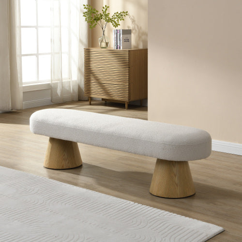 Dining Bench For Dining Room, Upholstered Bedroom End Of Bed Entryway Bench, Boucle Ottoman For Living Room, 64L Beige Stool Top Wood Leg 300 LBS Weight Capacity