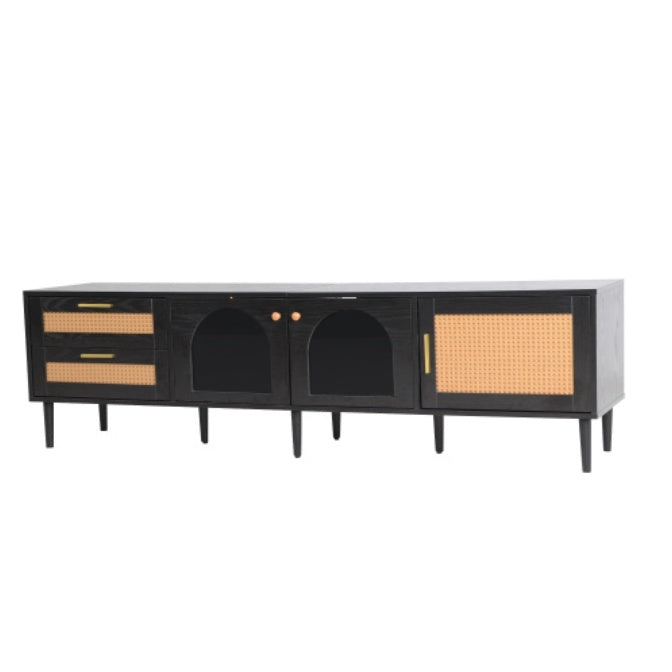 Rattan TV Stand With 3 Cabinets & 2 Drawers, Rattan-inspired Media Console Table For TVs Up To 80'', LED Light Entertainment Center, TV Cabinet For Living Room, Bedroom, Home Theatre