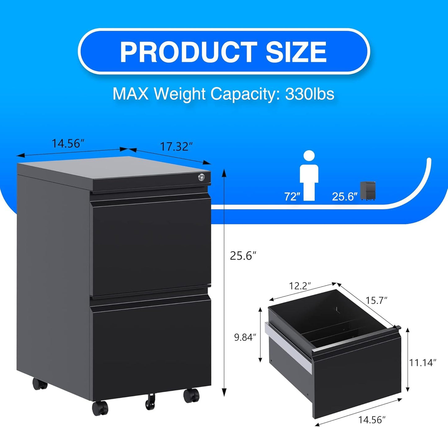 2 Drawer Vertical File Cabinet With Lock, Mobile Metal Filing Cabinet For Legal Letter Size, Office Storage File Cabinet Under Desk, Fully Assembled Except Wheels, Black