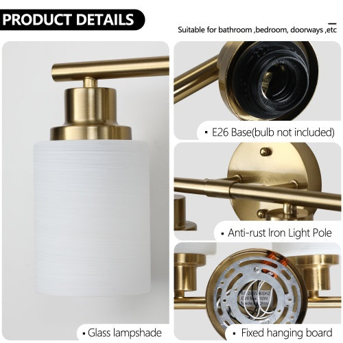 5 Lamps Gold Bathroom Vanity Lamp, Frosted Glass Shade, Modern Wall Mounted