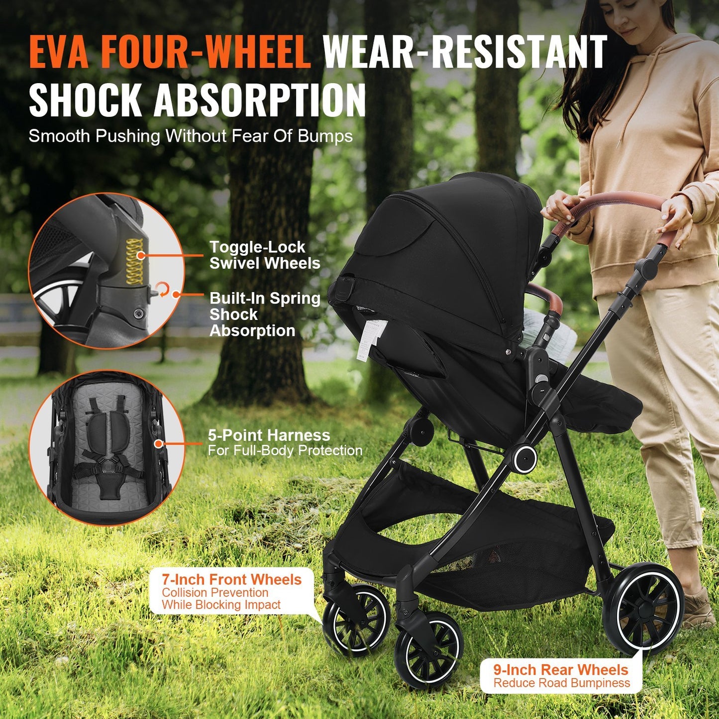 VEVOR Standard Baby Stroller, Infant Toddler Stroller With Bassinet, 3rd-Gear Adjustable Backrest Foldable & Reversible Seat, Carbon Steel Newborn Stroller With Leg Cover And Mesh Net, Black