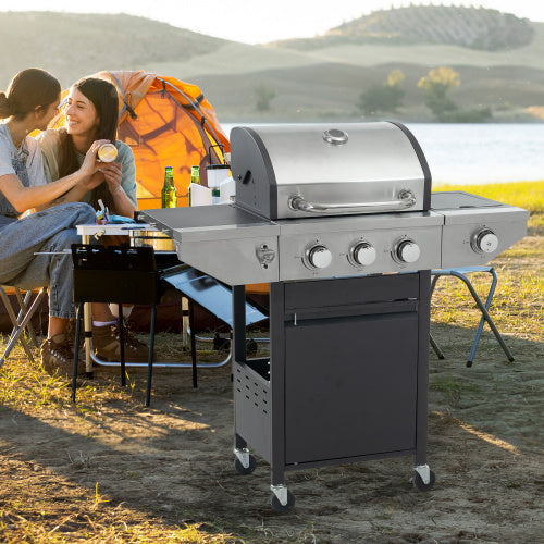 Propane Grill 3 Burner Barbecue Grill Stainless Steel Gas Grill With Side Burner, 37,000 BTU Outdoor Cooking, Patio, Garden Barbecue Grill, Black And Silver
