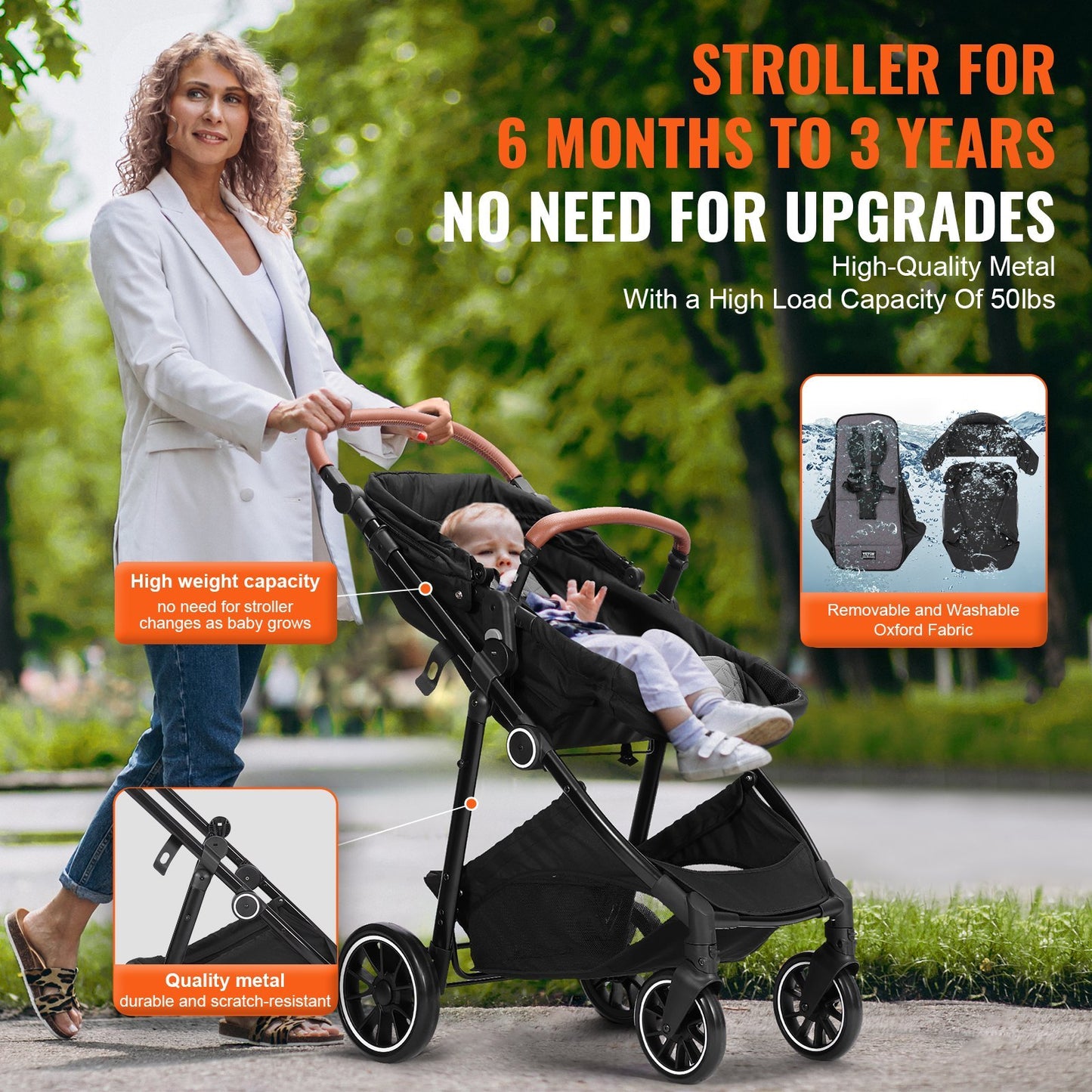 VEVOR Standard Baby Stroller, Infant Toddler Stroller With Bassinet, 3rd-Gear Adjustable Backrest Foldable & Reversible Seat, Carbon Steel Newborn Stroller With Leg Cover And Mesh Net, Black