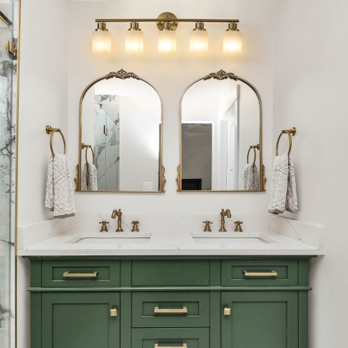 5 Lamps Gold Bathroom Vanity Lamp, Frosted Glass Shade, Modern Wall Mounted