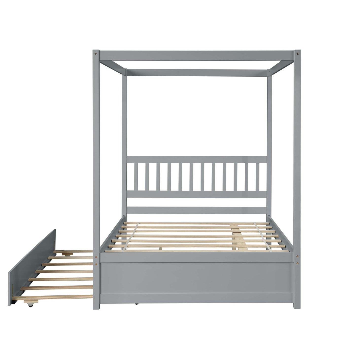 Full Size Canopy Bed With Twin Trundle, Kids Solid Wood Platform Bed Frame With Headboard, No Box Spring Needed Grey Color