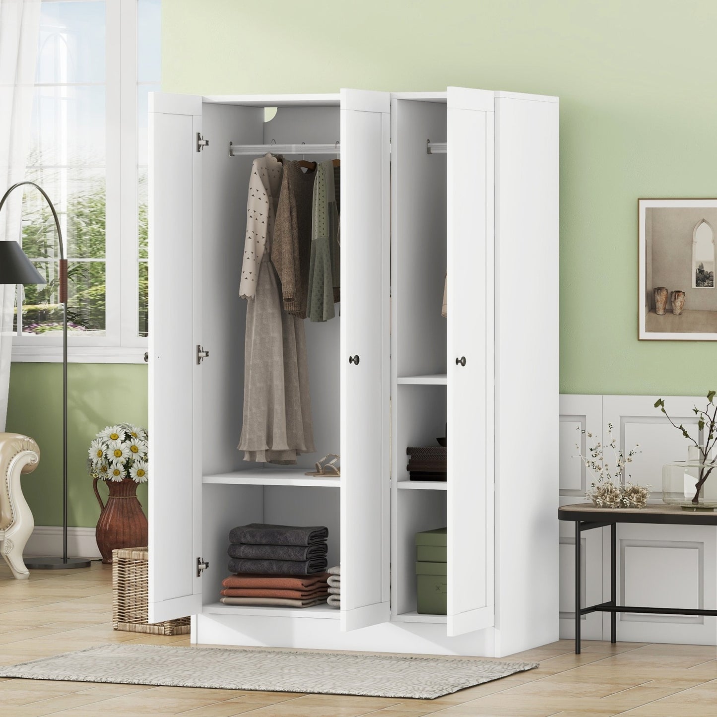 K&K Kitchen Island With Trash Can Storage Cabinet, Kitchen Cart With Drop Leaf, Spice Rack, Towel Ra